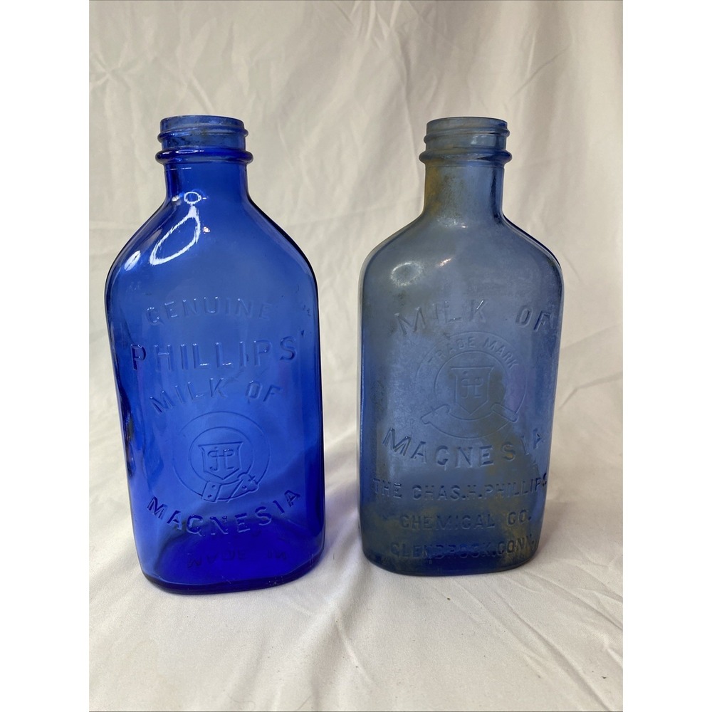 2 Vintage Cobalt Blue Phillips Milk of Magnesia Embossed Bottles